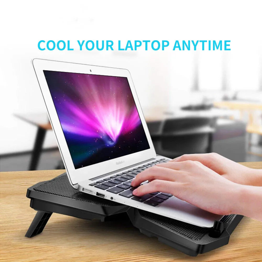 Blue LED PC cooling fan base with four fans, two speed switches, and USB ports