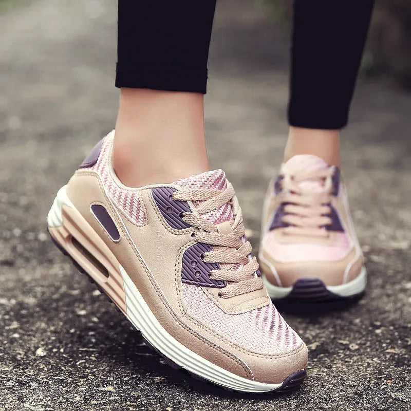 Women's low-heel casual shoes in beige orange, grey, and pink purple on a white background.