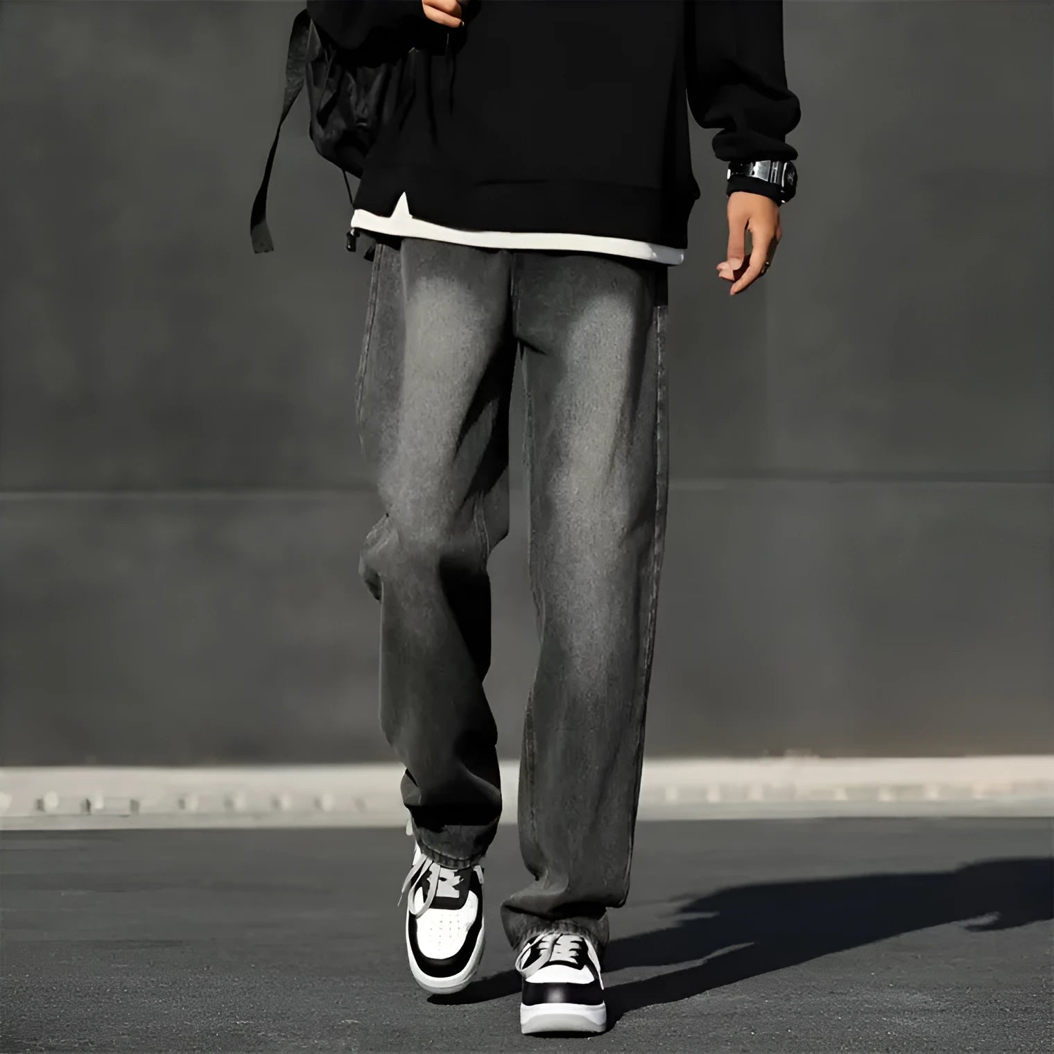 Men's standard gray polyester jeans with wool lining, full length, zip fly, S to 3XL sizes