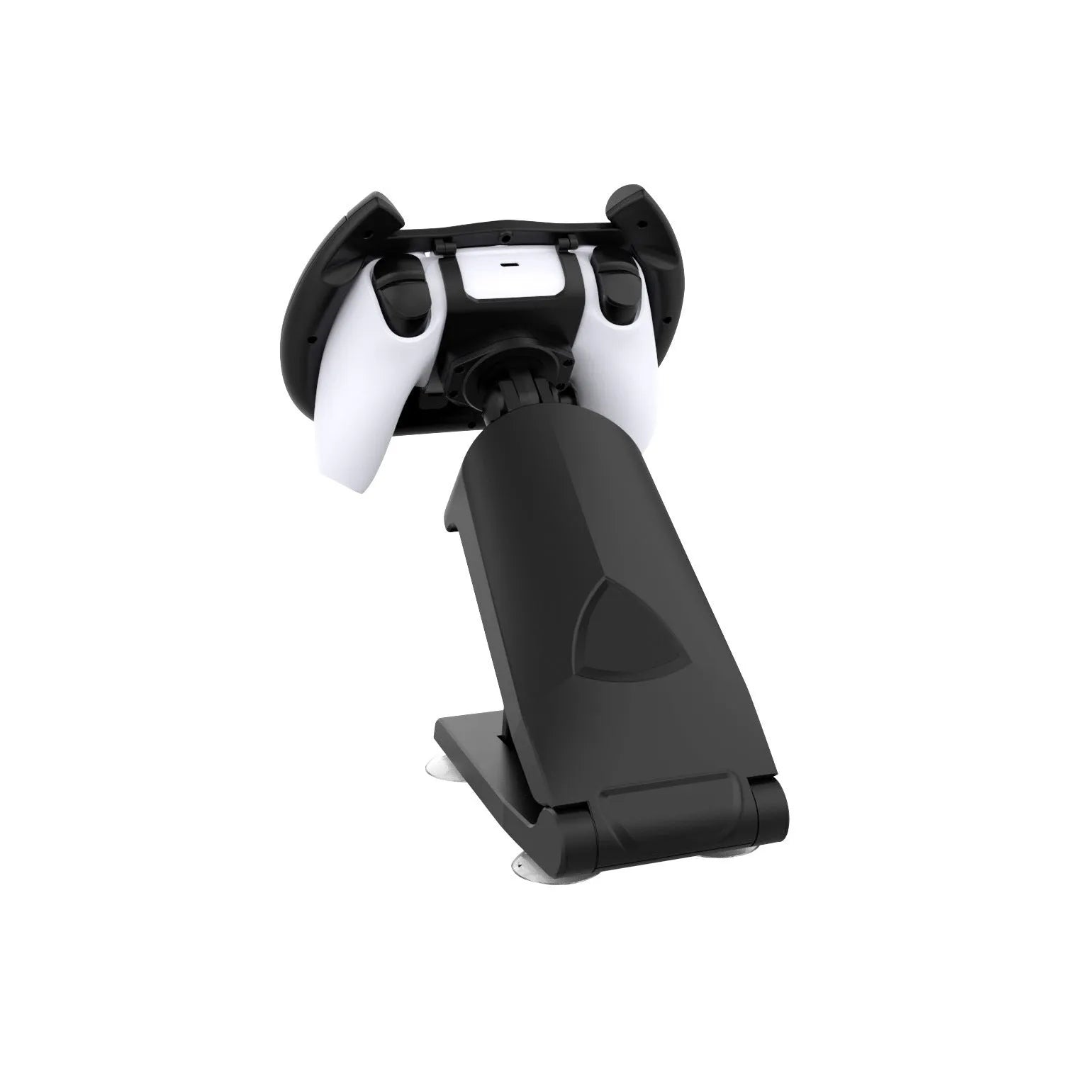 Black ABS plastic gamepad steering wheel bracket with suction cup and universal phone holder.