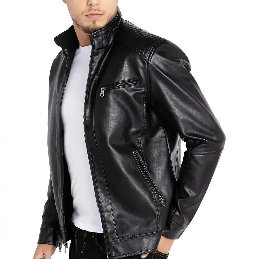 Men's brown punk motorcycle leather jacket with stand collar and patch pockets