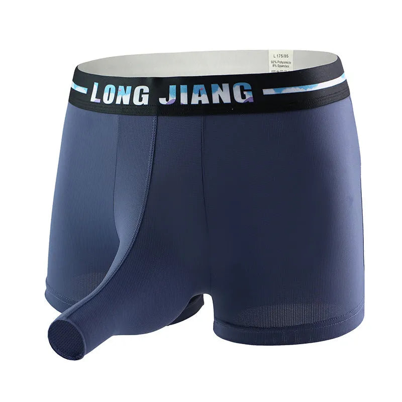 Men's solid-colour ice silk boxer shorts in a mid-waist trunk open design