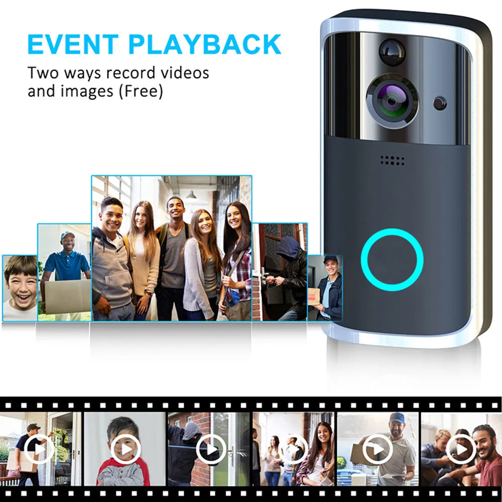 WiFi video doorbell camera in black with two-way voice intercom and infrared night vision for remote home monitoring