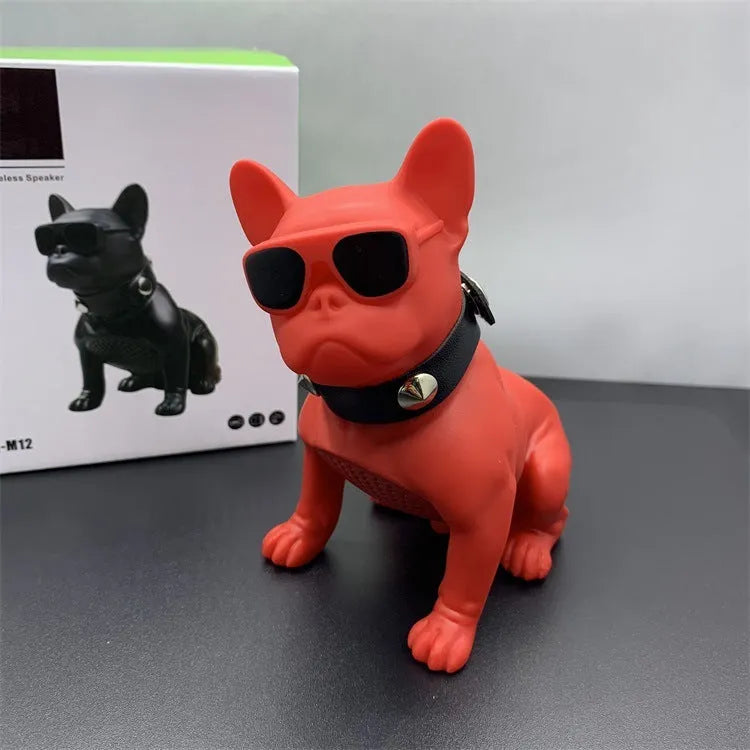 Mini full body bulldog Bluetooth speaker in three colour options showing dimensions