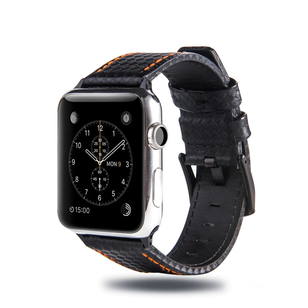 Leather Apple Watch band with carbon fibre pattern case in multiple colour options