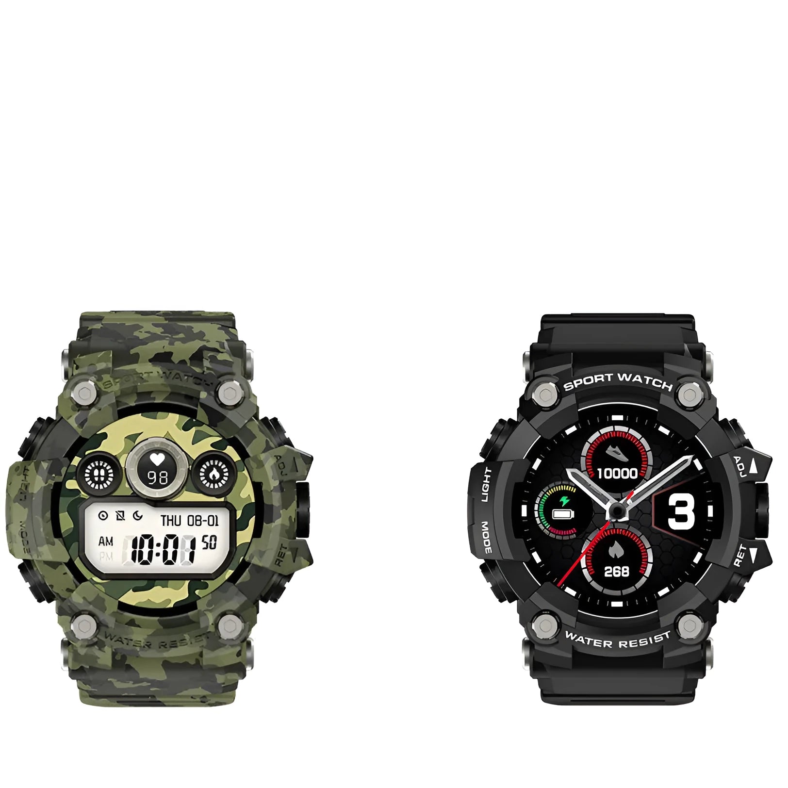 T6 Tactical Rugged Smart Watch in black or green with a 1.3-inch screen on an anti-sweat strap.