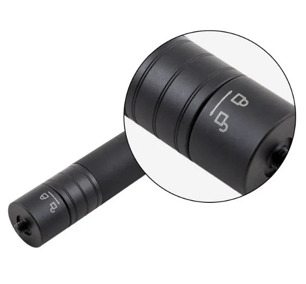 Black retractable selfie stick with hand-held stabiliser extended for smartphone photography