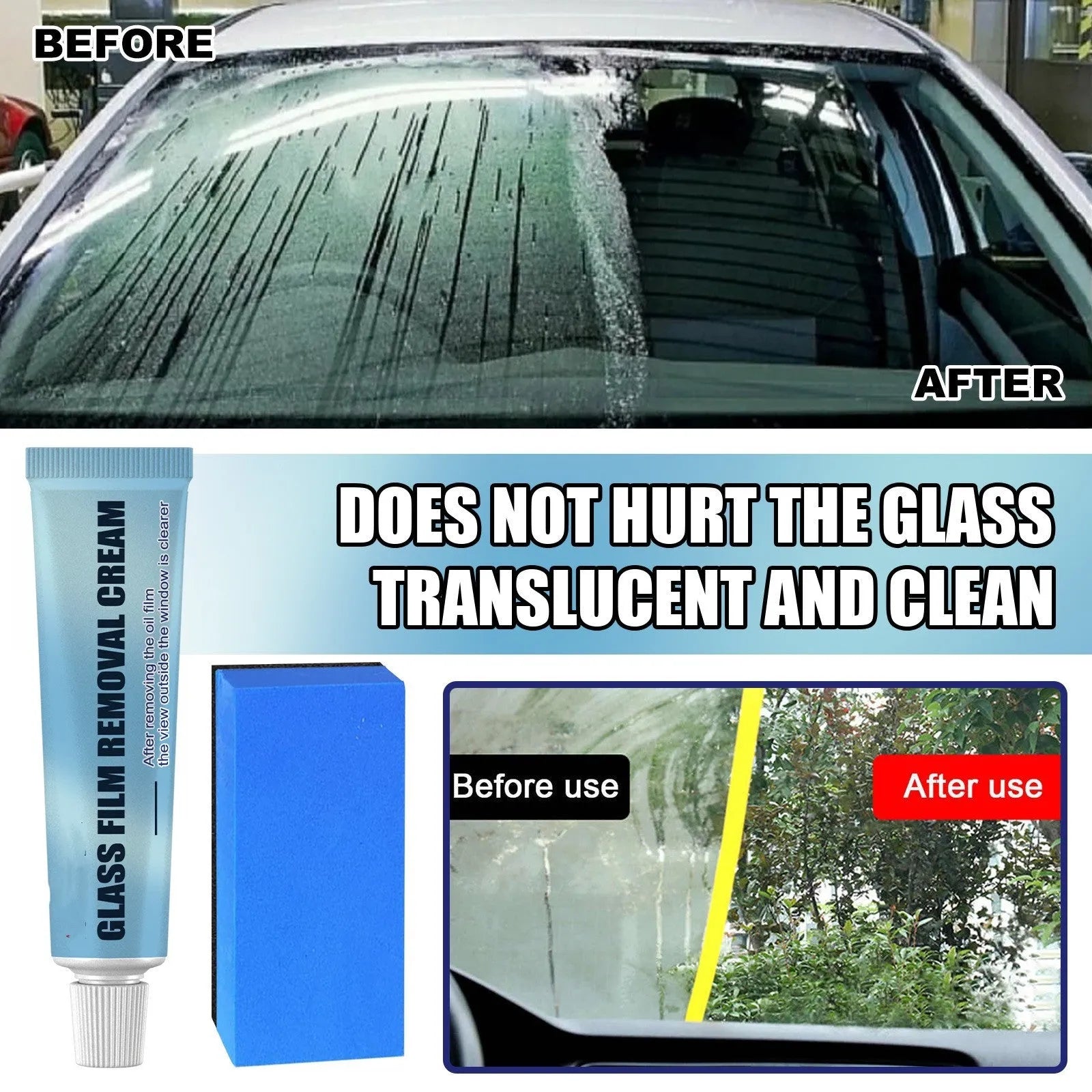 Blue car glass oil film remover tool and soft sponge applicator on a white background.