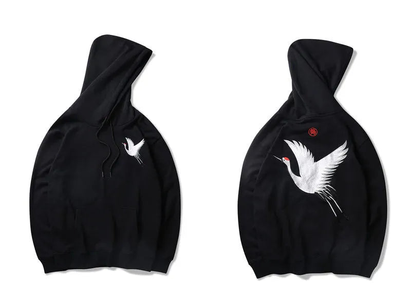 Front view of black cotton hip hop hoodie with embroidered detailing, size M