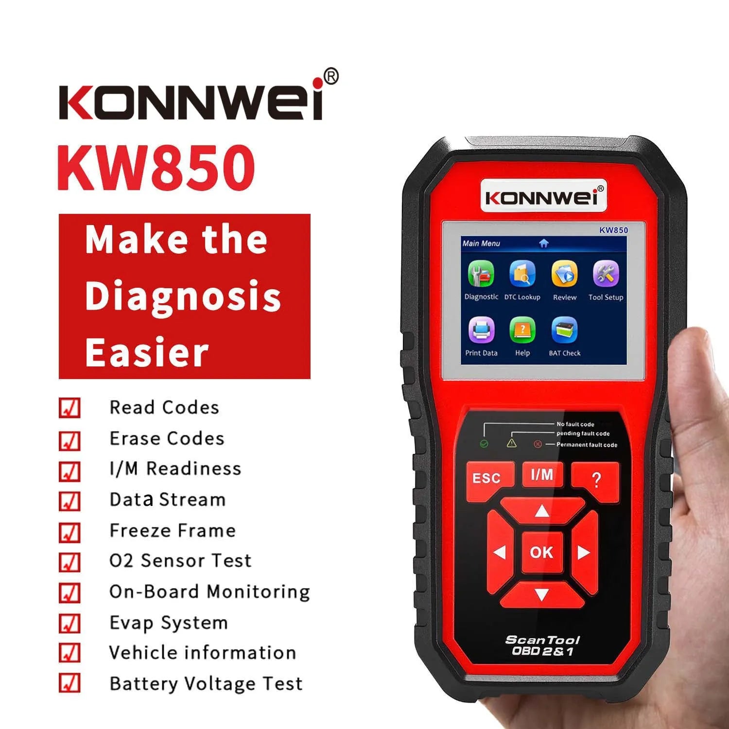 KONNWEI KW850 OBD2 code reader with TFT display and One-Click I/M button for car diagnostics