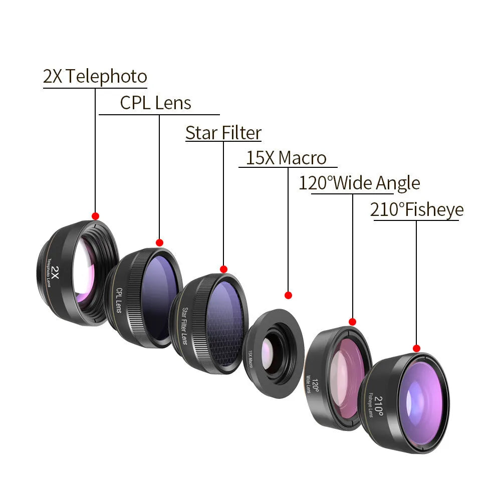 6 in 1 universal smartphone camera lens kit with fisheye, wide, macro, telephoto, CPL and star filter lenses and mounting clip.