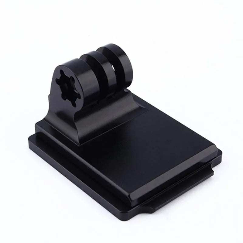 Aluminium alloy universal camera mounting bracket for attaching action cameras to a riding helmet.