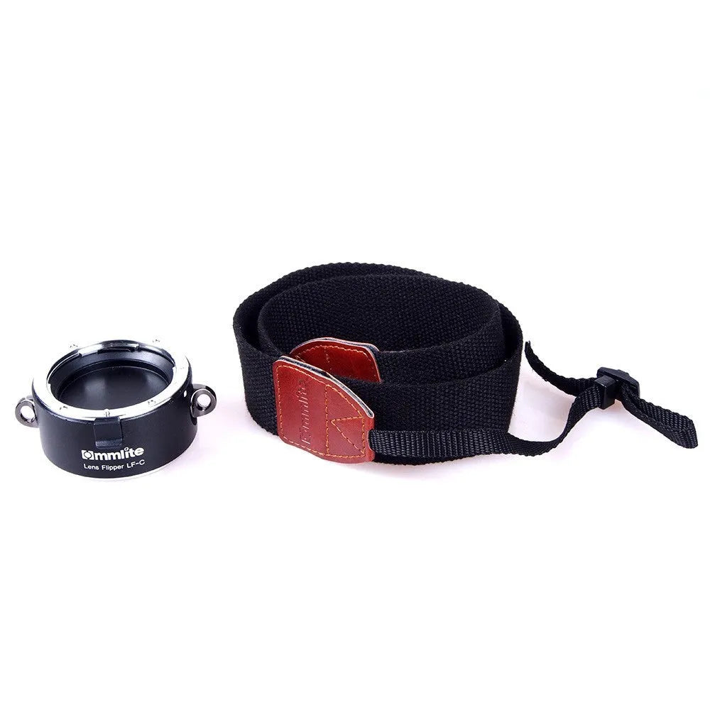 Aluminium camera lens flipper holder for Nikon F-mount with stainless steel buckle and cotton shoulder strap