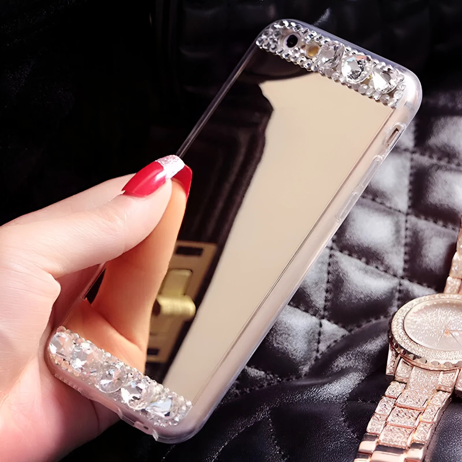 Rhinestone Huawei smartphone case in gold colour with waterproof silicone back cover