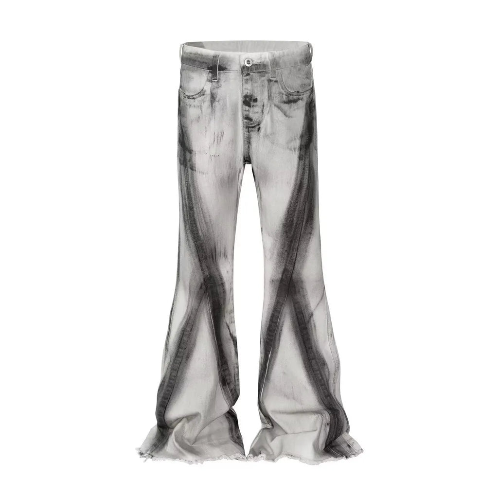 White denim jeans with black ribbon gradient detailing and heavy rough selvedge construction