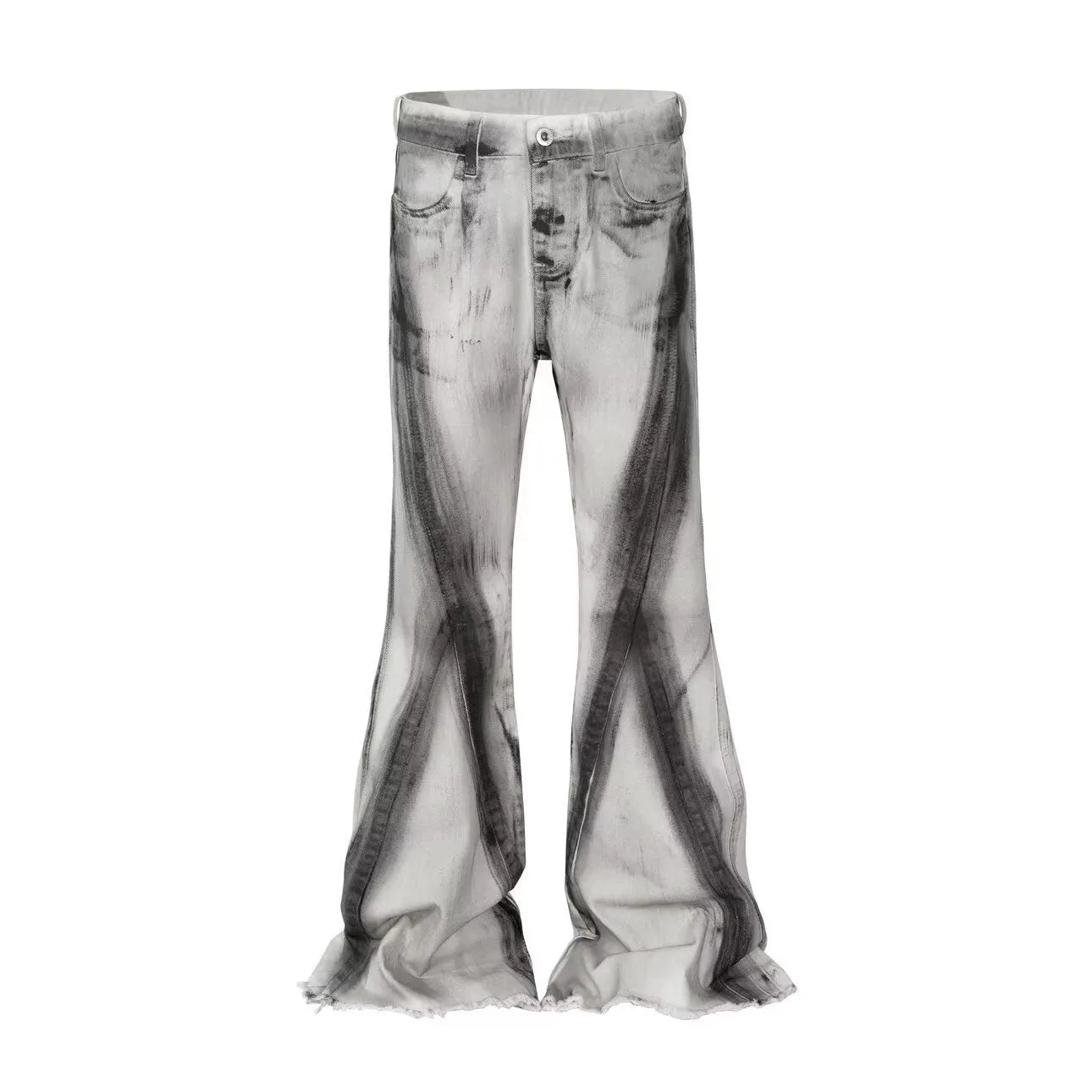 White denim jeans with black ribbon gradient detailing and heavy rough selvedge construction