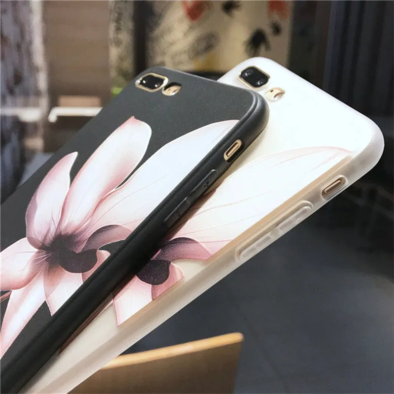 Black and white embossed floral design TPU back cover case for various iPhone models.