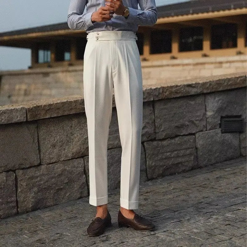 Men's slim fit straight leg suit trousers in black, white, and apricot colour options.