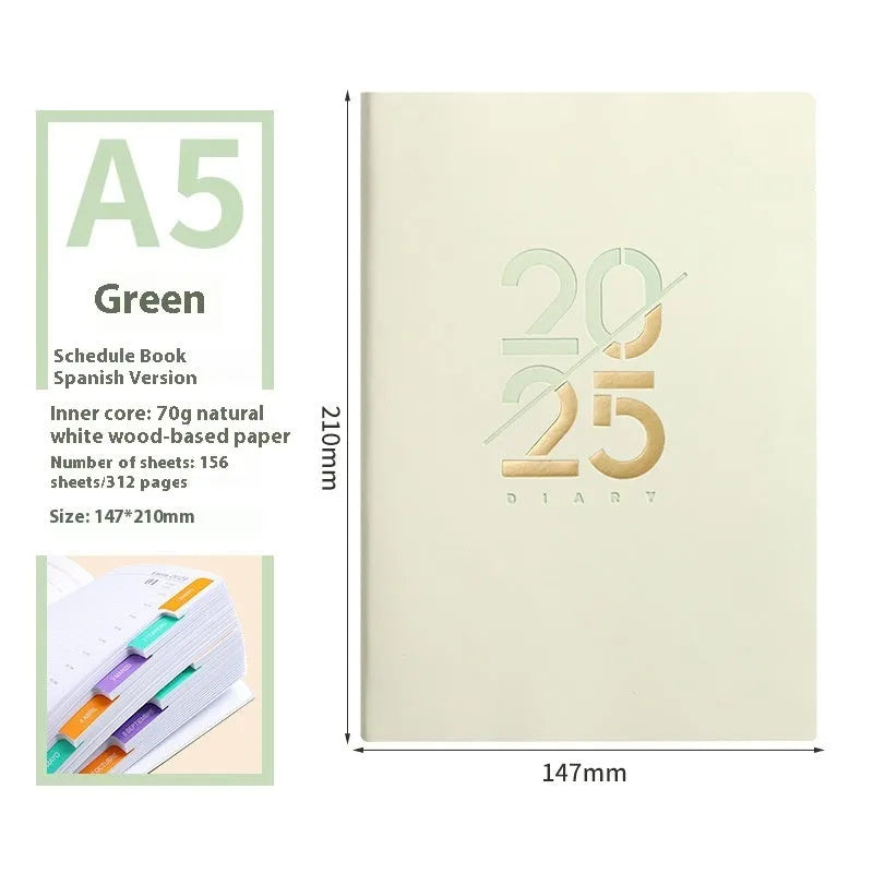 A5 daily planner notebook with faux leather cover open on a desk