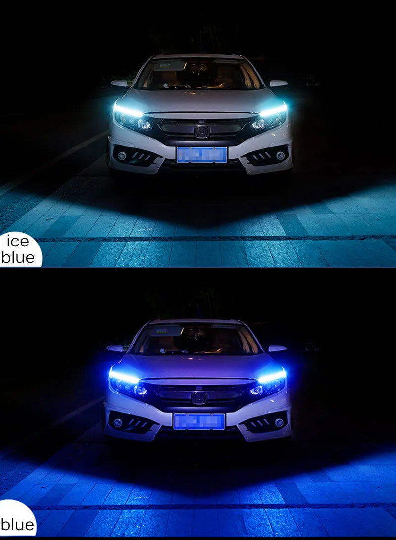 Car LED daytime running light strip with flowing turn signal indicators in silicone housing