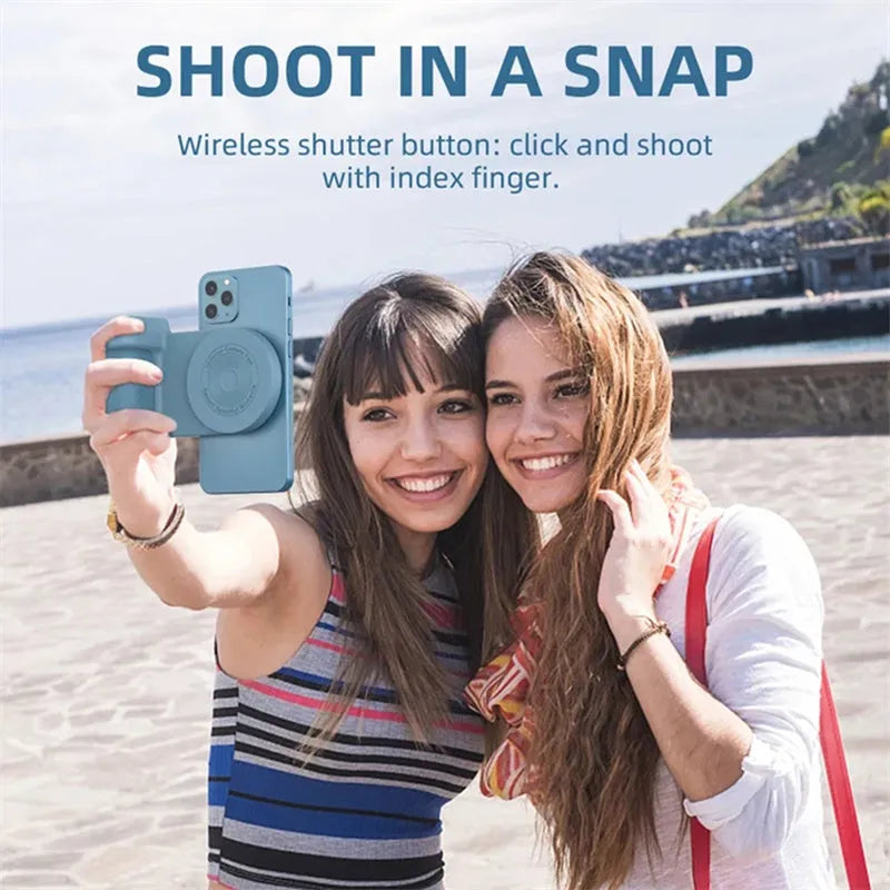 Black 3-in-1 magnetic phone camera handle with rotatable stand and PU leather grip
