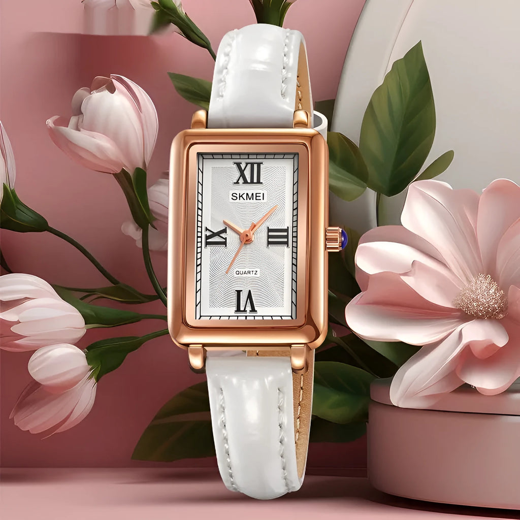 Rectangular retro women's quartz watch rose gold shell case with slim 9mm profile
