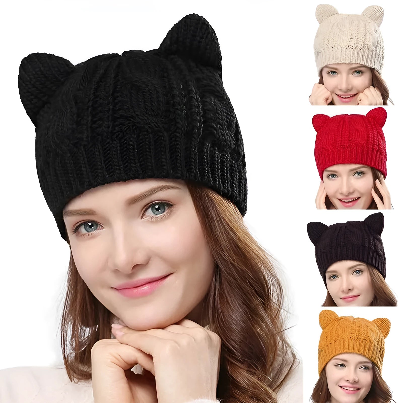 Handmade 3D knitted cat ear beanie in wool for winter wearing