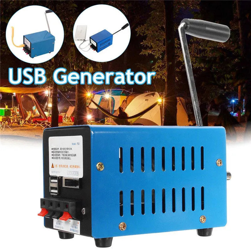 Blue metal hand crank USB emergency generator with dimensions 125x80x85mm