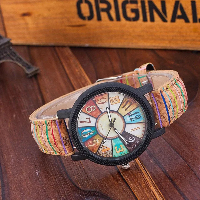 Women's vintage style quartz watch with brown leather strap and 37mm round dial