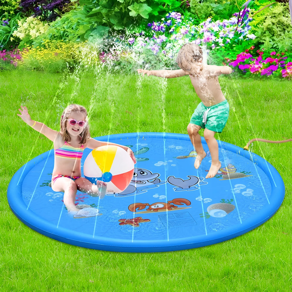 Blue children's water spray play mat with marine animal prints on grass