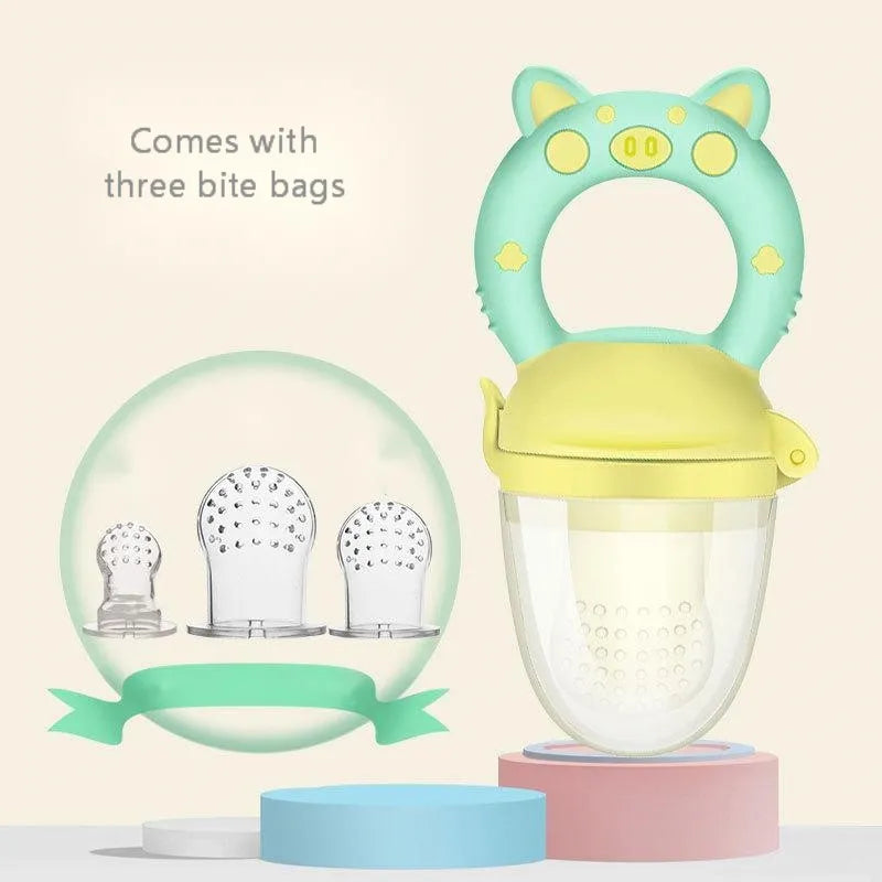 Silicone baby teether in blue, green or pink colours with food-grade material for infant gum relief