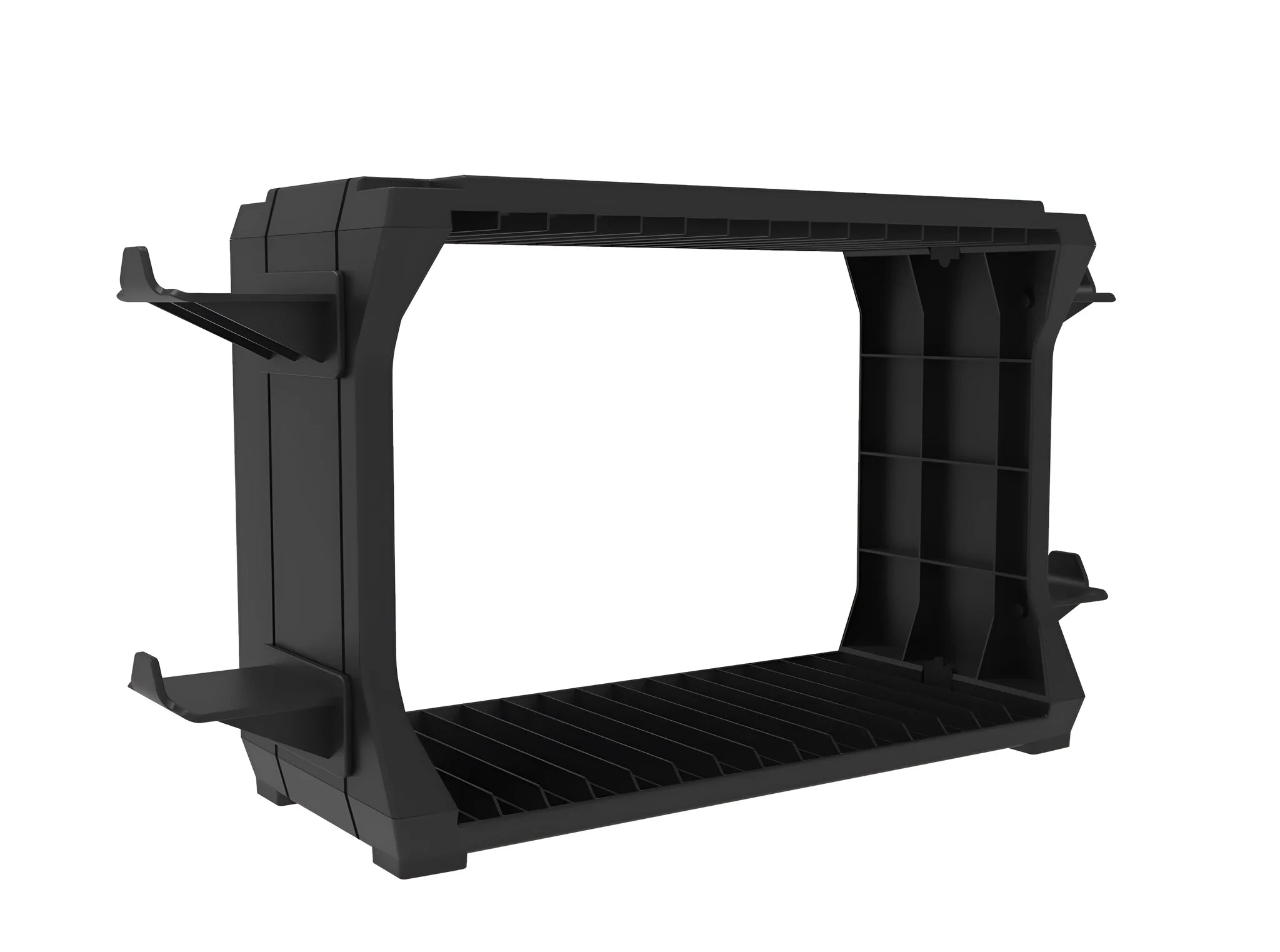Black plastic PS5 and Xbox Series X game disc holder with space for four controllers.