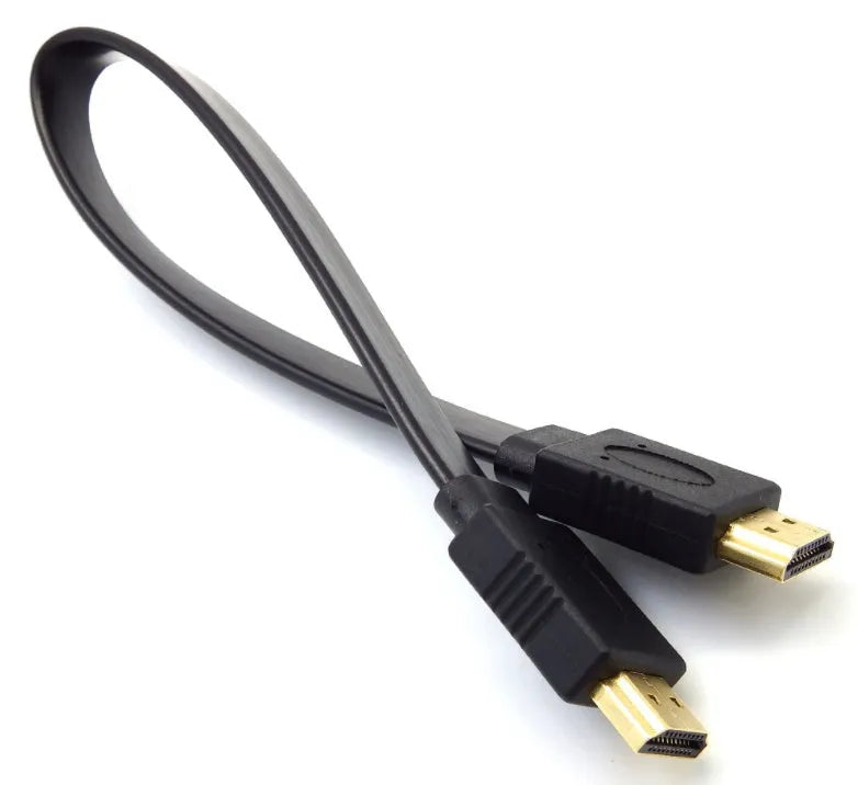 Flat HDMI cable showing version 1.4 specification with copper wire construction and multiple length options