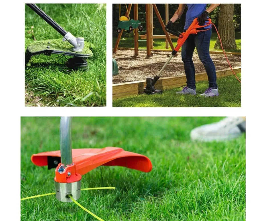 Silver aluminium lawn mower cylinder grass head accessory with four light yellow grass ropes