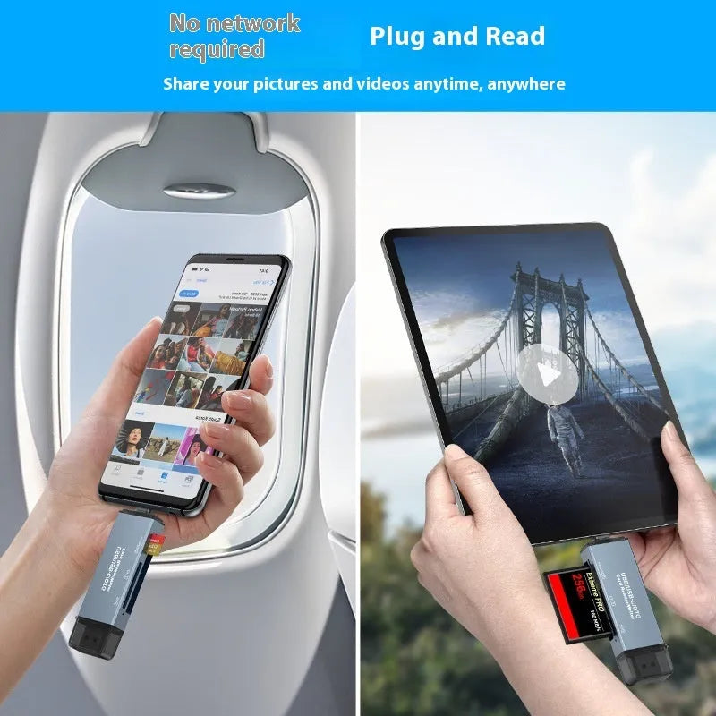 Silver aluminium alloy CF SD TF three-in-one USB card reader with USB Type-C adapter.