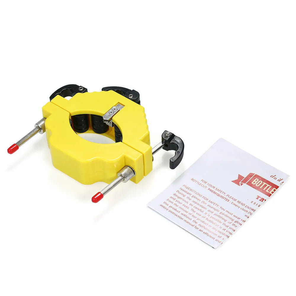 Adjustable glass bottle cutter tool in yellow with stainless steel blade for DIY craft projects