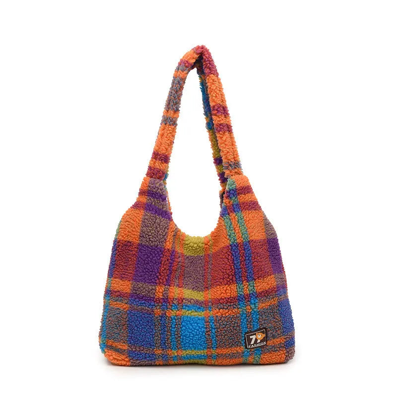Women's plaid plush crossbody tote bag in army green, orange, or purple with interior organisation pockets