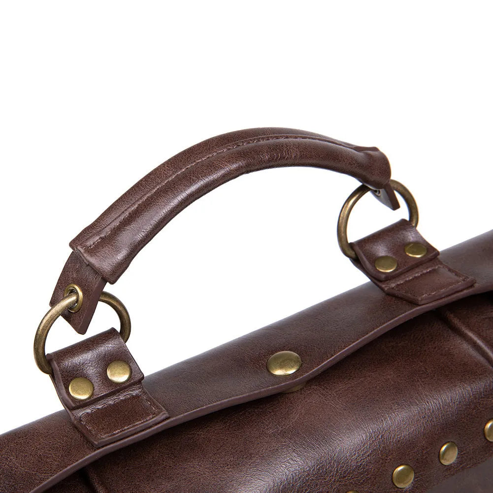 Bronze steampunk industrial retro shoulder bag with metal hardware and square pillow shape.