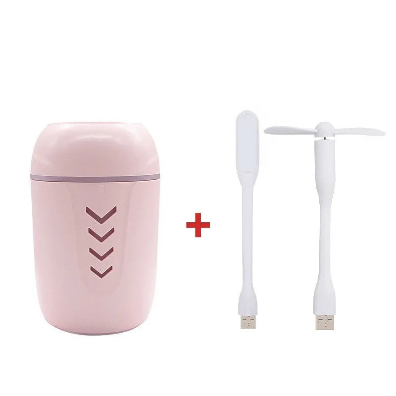 Portable columnar humidifier with 200ml capacity in blue, pink, or white colours showing USB and AC power options