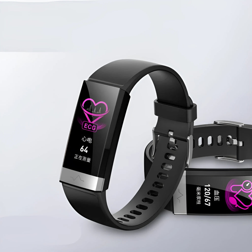 V19 smart fitness bracelet showing colour display with health metrics, available in black blue or red colours