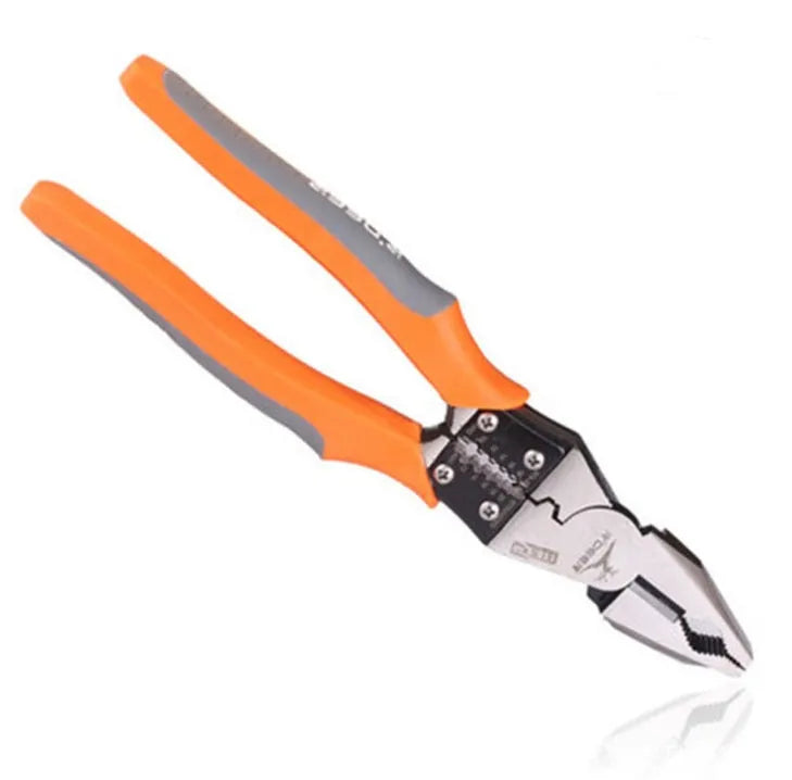 Orange multi-function wire cutter pliers with forged steel jaws and textured PVC handles.