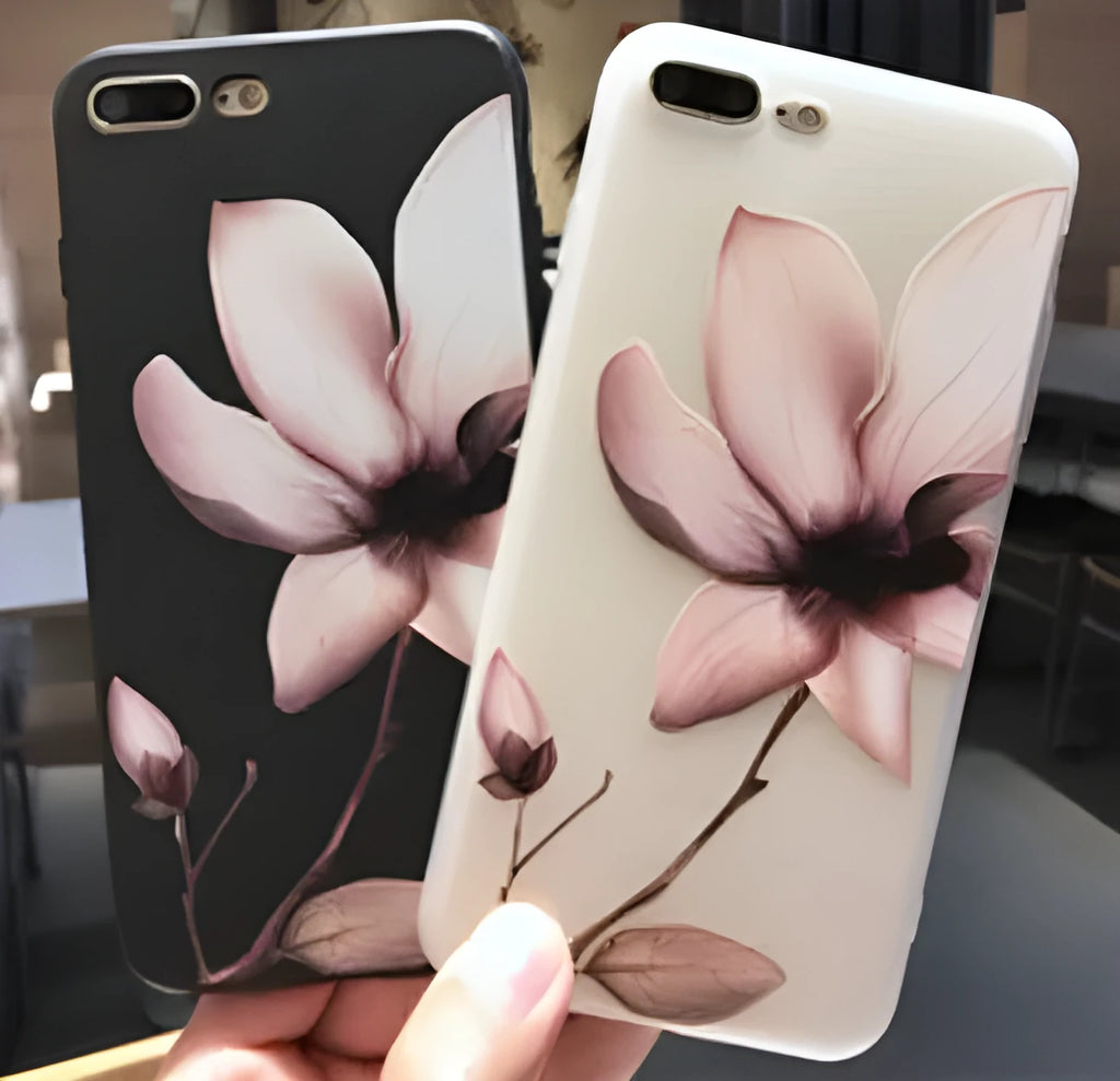 Black and white embossed floral design TPU back cover case for various iPhone models.