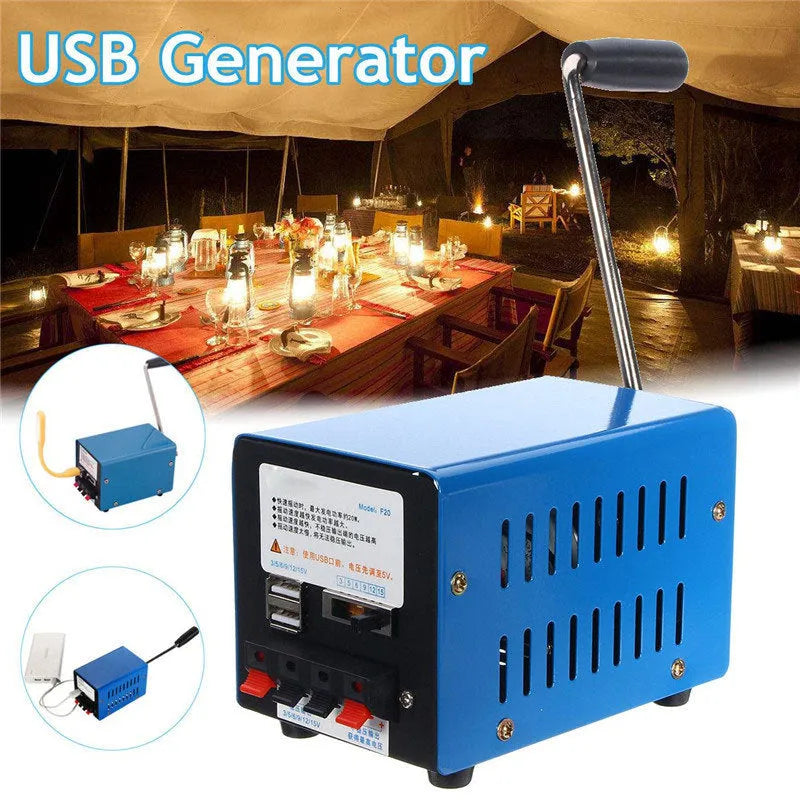 Blue metal hand crank USB emergency generator with dimensions 125x80x85mm