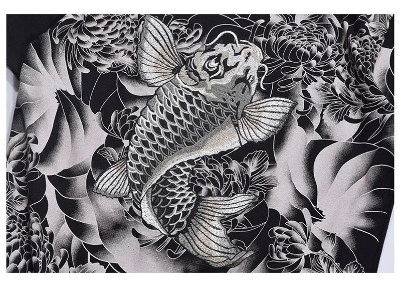Chinese style embroidery T-shirt with carp tattoo pattern, 100% cotton, loose fit, round neck, short sleeves, available in black and white