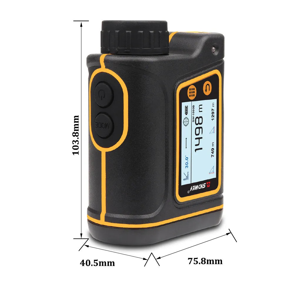 Handheld golf rangefinder showing digital display with distance measurement