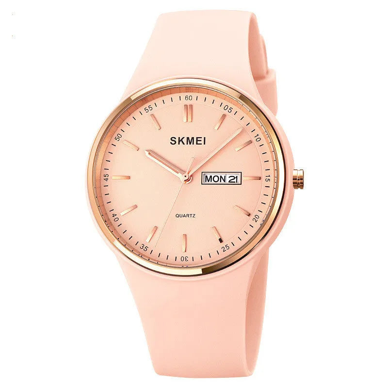 Women's quartz watch with silicone strap, calendar display, and 42mm dial in various colours.