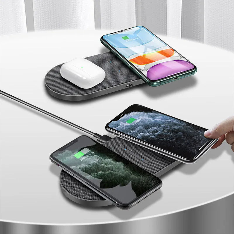 Black dual wireless charging pad with two 10W charging zones and Type-C/USB input ports