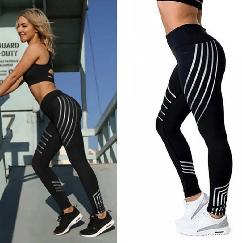 Women's black Milk Silk fitness leggings with night-glowing print, high-waisted pencil pants style.