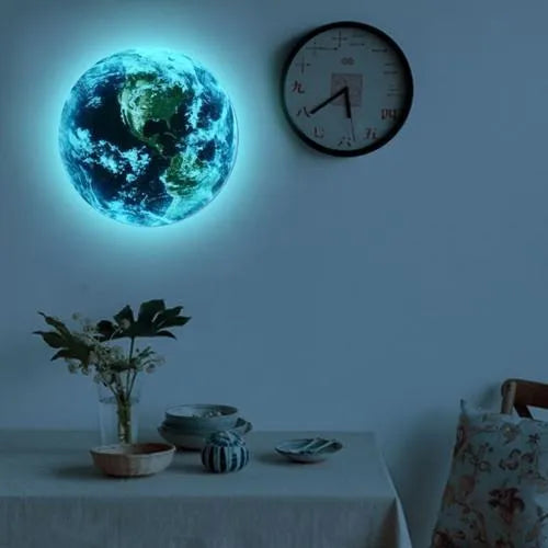Glow in the dark Planet Earth wall sticker in three sizes: 10cm, 20cm, and 30cm diameter.