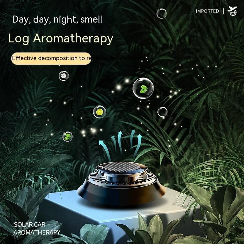 Black plastic solar car aromatherapy decoration with electromagnetic de‑icing function, 84mm wide.